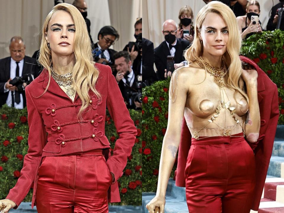Cara Delevingne in red suit and painted gold torso at met gala