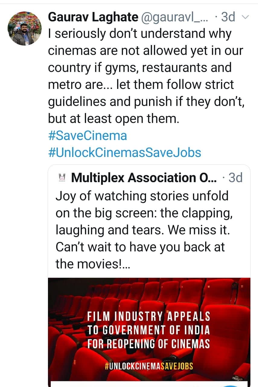 Twitterati reacts to cinemas not opening.