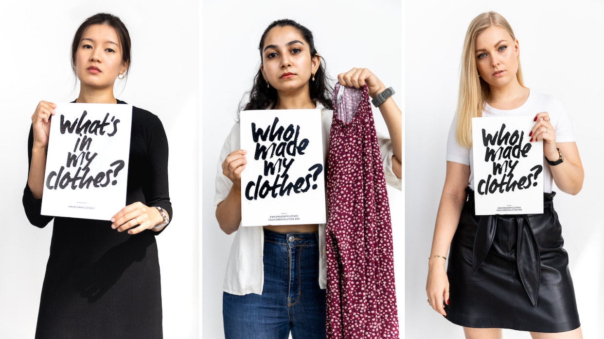 Members of Fashion Revolution’s team ask #WhoMadeMyClothes and #WhatsInMyClothes, from left to right, Chu Wong, Nikita Vattas and Bitten Kirk. (PHOTO: Zerrin Studio)