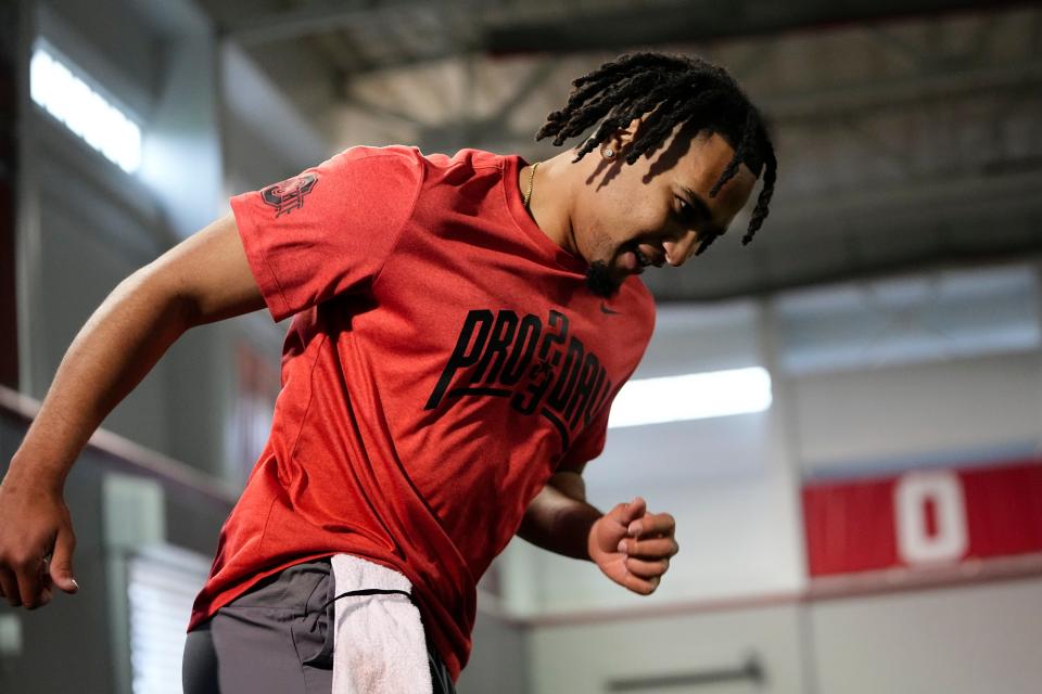 Ohio State Buckeyes quarterback C.J. Stroud runs during Ohio State football’s pro day at the Woody Hayes Athletic Center in Columbus on March 22, 2023. 
