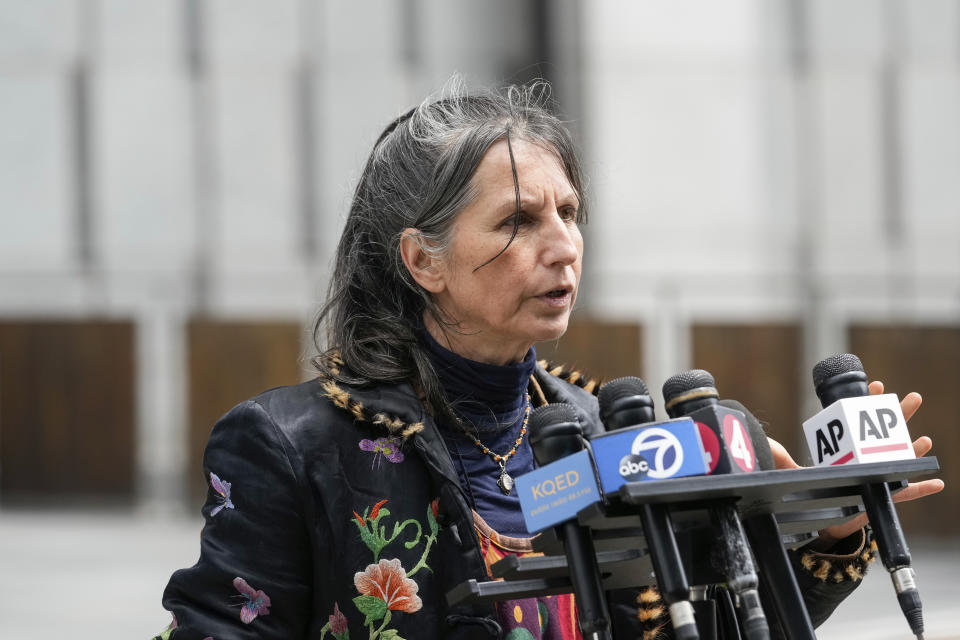 Gypsy Taub, ex-partner of David DePape, speaks to reporters after DePape's sentencing in federal court Friday, May 17, 2024, in San Francisco. He was found guilty last November of attempted kidnapping of a federal official and assault on Paul Pelosi, husband of former U.S. House Speaker Nancy Pelosi. (AP Photo/Godofredo A. Vásquez)