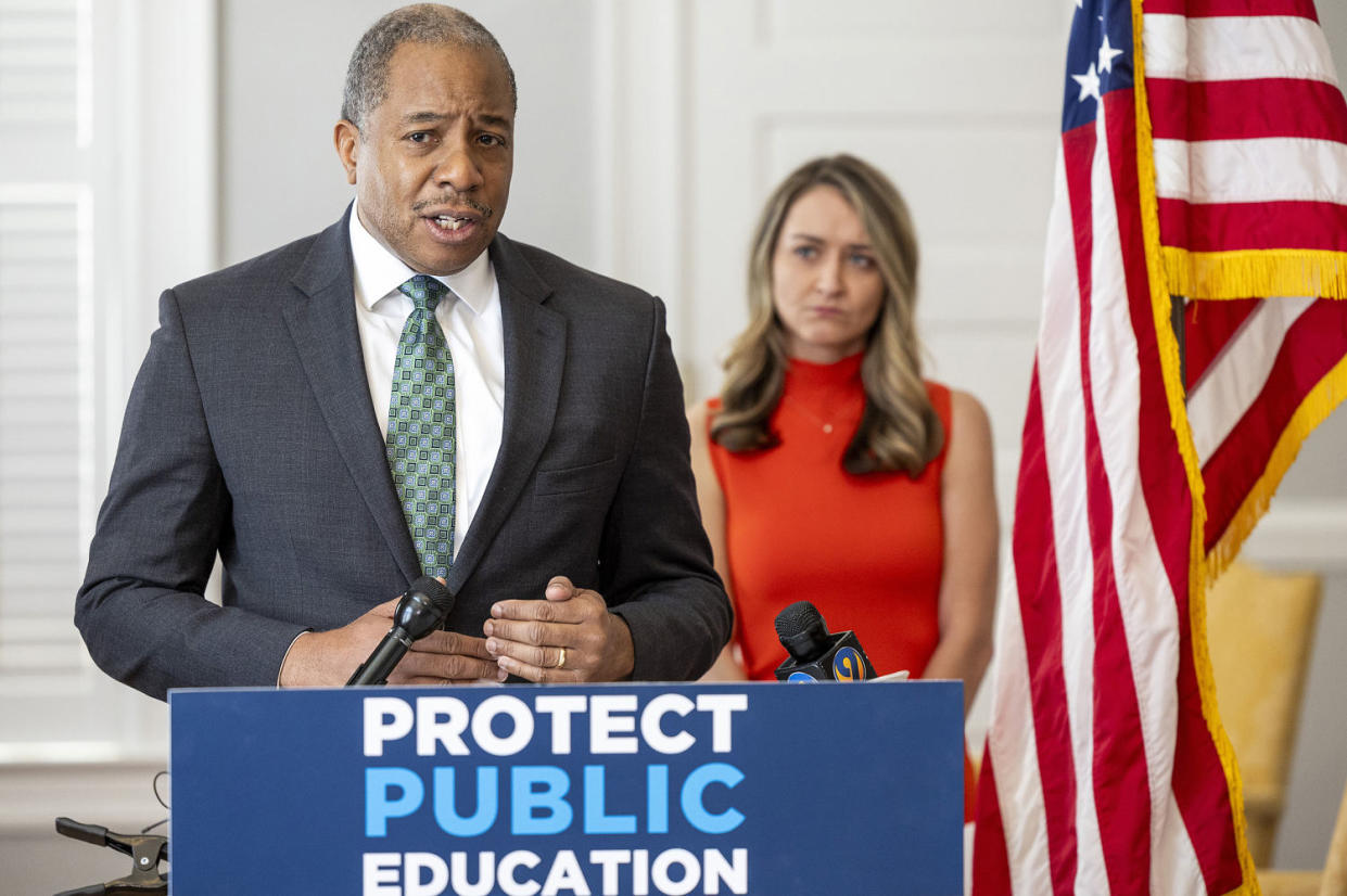 Mo Green, the Democratic nominee for state superintendent, speaks at the state party headquarters in Raleigh, N.C., on March 21, 2024.  (Travis Long / News & Observer via Getty Images))