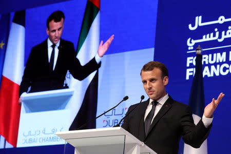 French President Emmanuel Macron delivers a speech at Dubai's Chamber of Commerce in Dubai, UAE, November 9, 2017. REUTERS/Ludovic Marin/Pool