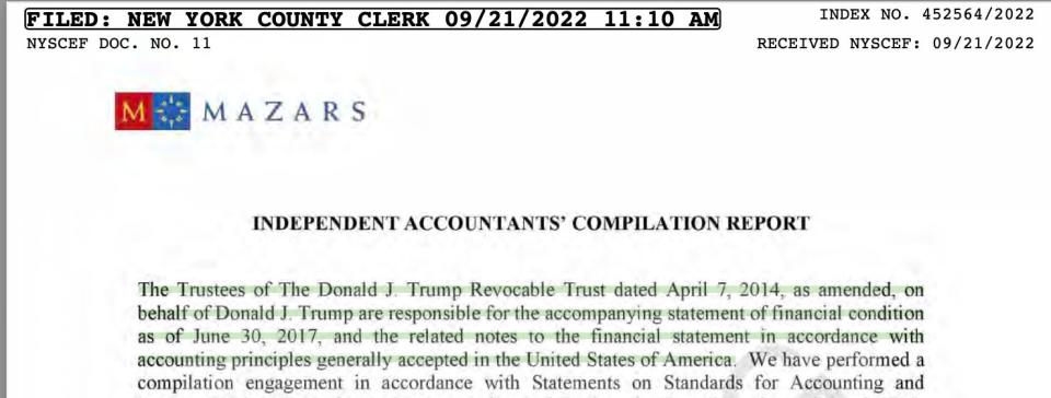 An excerpt from one of Donald Trump's financial statements, promising banks his math complies with GAAP.