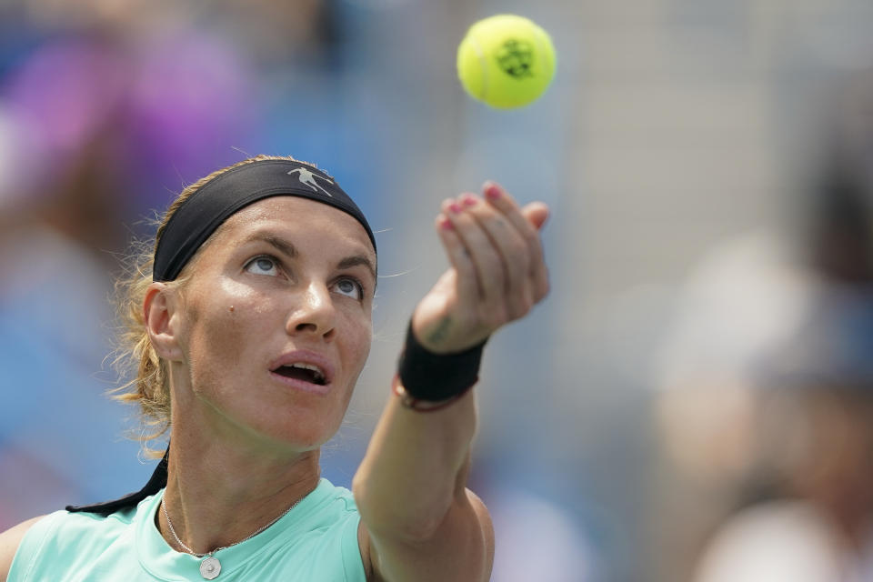 Svetlana Kuznetsova, of Russia, serves to Madison Keys, of the United States, in the women's final match during the Western & Southern Open tennis tournament, Sunday, Aug. 18, 2019, in Mason, Ohio. (AP Photo/John Minchillo)