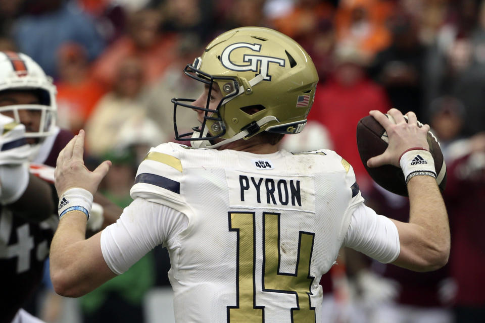 Georgia Tech quarterback Zach Pyron (14) throws in the first half during an NCAA college football game against Virginia Tech, Saturday, Nov. 5 2022, in Blacksburg, Va. (Matt Gentry/The Roanoke Times via AP)