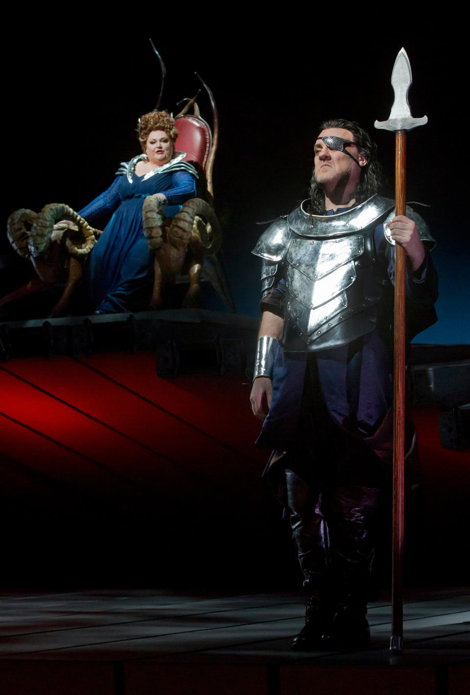 This April 9, 2012 photo provided by the Metropolitan Opera shows Stephanie Blythe as Fricka and Bryn Terfel as Wotan in a scene from Wagner's, "Die Walkure," during a dress rehearsal at the Metropolitan Opera in New York. On May 12 the Met concludes the last of three complete presentations of Robert Lepage's production of the four-opera Ring Cycle, which includes Das Rheingold; Die Walkure; Siegfried and Gotterdammerung. (AP Photo/The Metropolitan Opera, Ken Howard)