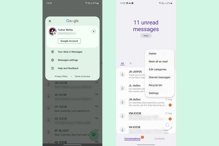 Google Messages vs. Samsung Messages overflow menu.