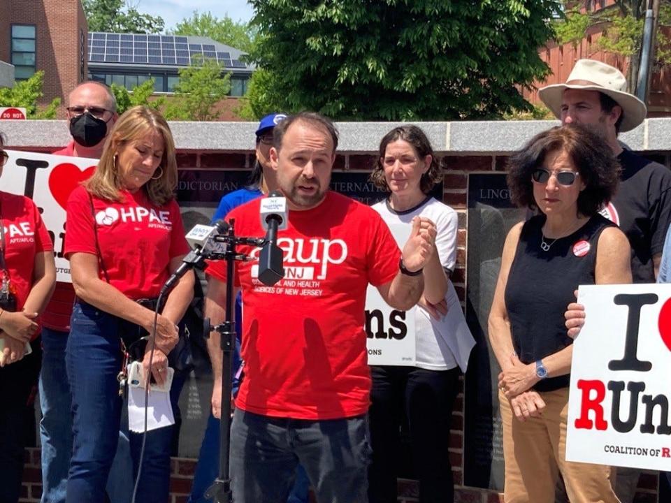 Dio Tsitouras executive director of the AAUP-BHSNJ union representing Rutgers University medical faculty speaks at a news conference in New Brunswick on Monday, May 8. Three unions announced their members had ratified new contracts with the university.