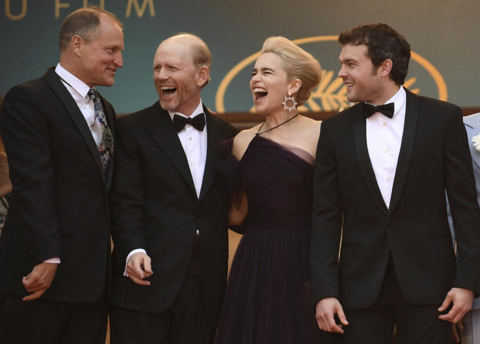 Actor Woody Harrelson, from left, director Ron Howard, actress Emilia Clarke and actor Alden Ehrenreich pose for photographers upon arrival at the premiere of the film 'Solo: A Star Wars Story' at the 71st international film festival, Cannes, southern France, Tuesday, May 15, 2018. (Photo by Arthur Mola/Invision/AP)