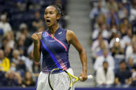 Leylah Fernandez, of Canada, reacts after scoring a point against Aryna Sabalenka,of Belarus, during the semifinals of the US Open tennis championships, Thursday, Sept. 9, 2021, in New York. (AP Photo/Seth Wenig)