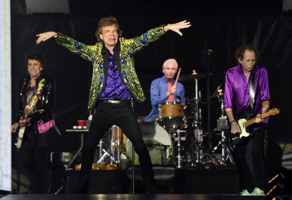 From left, Ron Wood, Mick Jagger, Charlie Watts and Keith Richards of the Rolling Stones perform during their concert at the Rose Bowl, Thursday, Aug. 22, 2019, in Pasadena, Calif. (Photo by Chris Pizzello/Invision/AP)