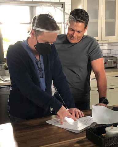 <p>Chad Lowe Instagram</p> Rob Lowe and Chad Lowe on set in 2021.