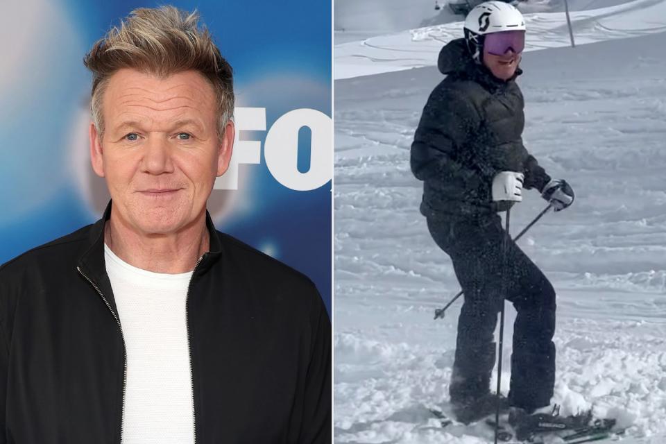 <p>Leon Bennett/Getty Images; Gordon Ramsay/Instagram</p> Gordon Ramsay hits the red carpet (left) and the slopes (right)