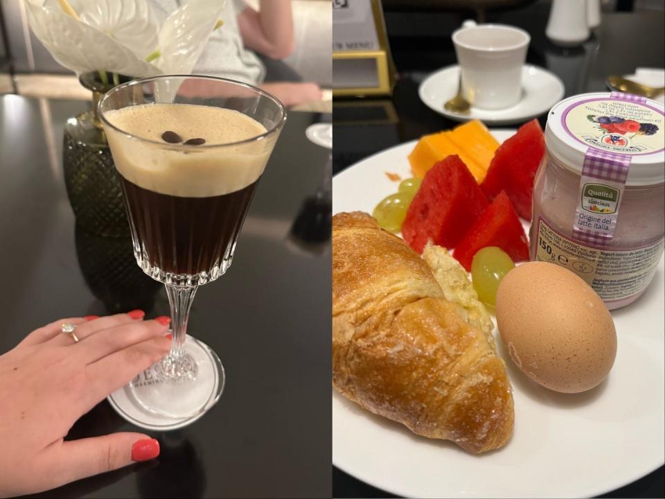 A side-by-side of an espresso martini and a breakfast spread.