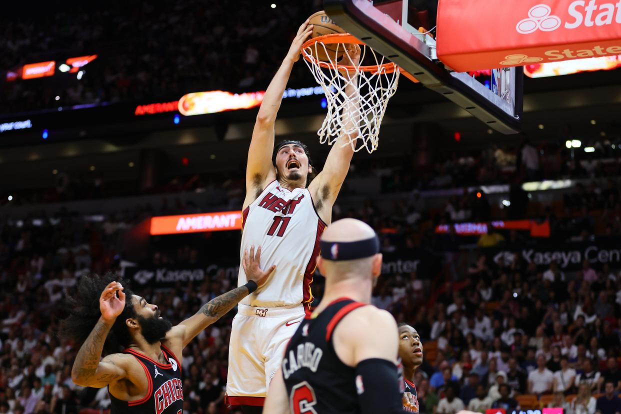 Jaime Jaquez Jr. scored 21 points to help the Miami Heat knock out the Chicago Bulls.