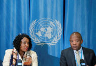 John Nkengasong, Director of the Africa Centres for Disease Control and Prevention (R) and Margaret Agama-Anyetei, Head of Health, Nutrition and Population at the African Union Commission attend a news conference on the Africa Centres for Disease Control and Prevention Ebola Response in the Democratic Republic of the Congo (DRC) at the United Nations in Geneva, Switzerland, May 22, 2018. REUTERS/Denis Balibouse