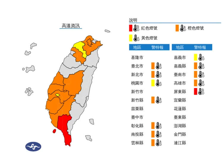 氣象署今針對12縣市發布高溫警戒。氣象署提供