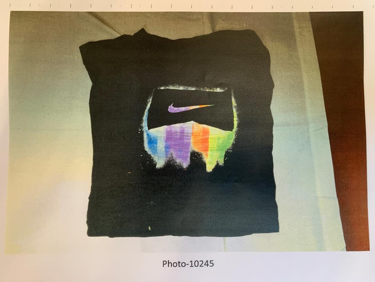 Police photos show the T-shirt of the 13-year-old girl who was found dead in Burnaby Central Park in 2017. (Provided by B.C. Supreme Court - image credit)