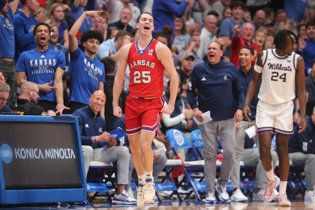 Kansas graduate senior guard Nicolas Timberlake (25) reacts after sinking a three against Kansas State in the second half of the Sunflower Showdown inside Allen Fieldhouse Tuesday, March 5, 2024.