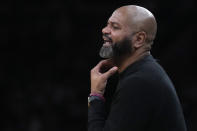 Cleveland Cavaliers coach J.B. Bickerstaff calls to players during the second half of Game 5 of the team's NBA basketball second-round playoff series against the Boston Celtics, Wednesday, May 15, 2024, in Boston. The Celtics advanced to the Eastern Conference finals. (AP Photo/Charles Krupa)