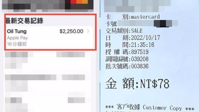 原PO自助加油花了78元，卻收到2250元的交易通知，金額暴增28倍。(翻攝自我是永和人)