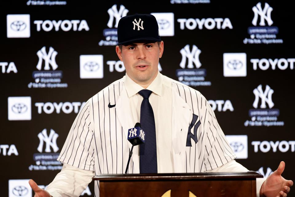 New York Yankees' Carlos Rodón speaks during his introductory baseball news conference at Yankee Stadium. (AP Photo/Adam Hunger)