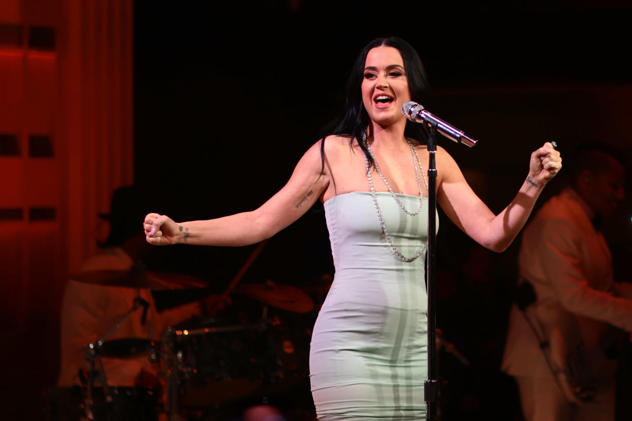 Katy Perry performs on stage as Tiffany & Co. Celebrates the reopening of NYC Flagship store, The Landmark on April 27, 2023 in New York City. (Photo by Dimitrios Kambouris/Getty Images for Tiffany & Co.)