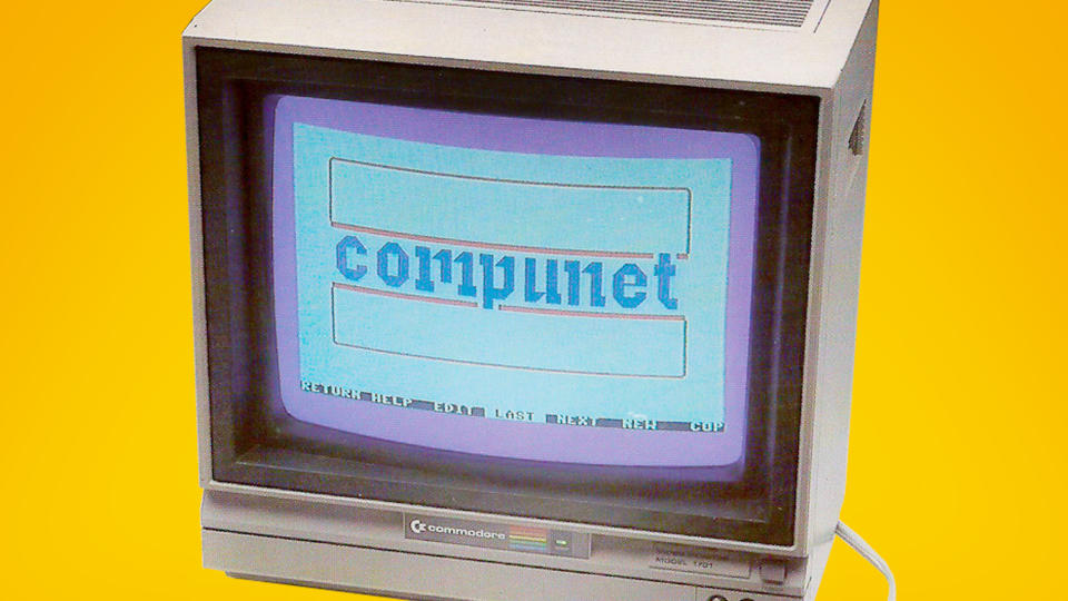 A Commodore 64 moinitor on a yellow background showing Compunet