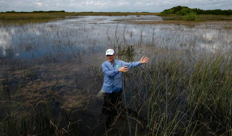 Steve Davis, Chief Science Officer for The Everglades Foundation, discusses current restoration efforts and water quality improvements while talking with media members Friday, March 8, 2024 during a tour of the area.