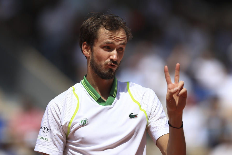 Russia's Daniil Medvedev gestures during his first round match of the French Open tennis tournament against Brazil's Thiago Seyboth Wild at the Roland Garros stadium in Paris, Tuesday, May 30, 2023. (AP Photo/Aurelien Morissard)