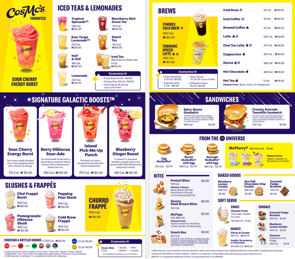 CosmMc's full menu. (McDonald's)