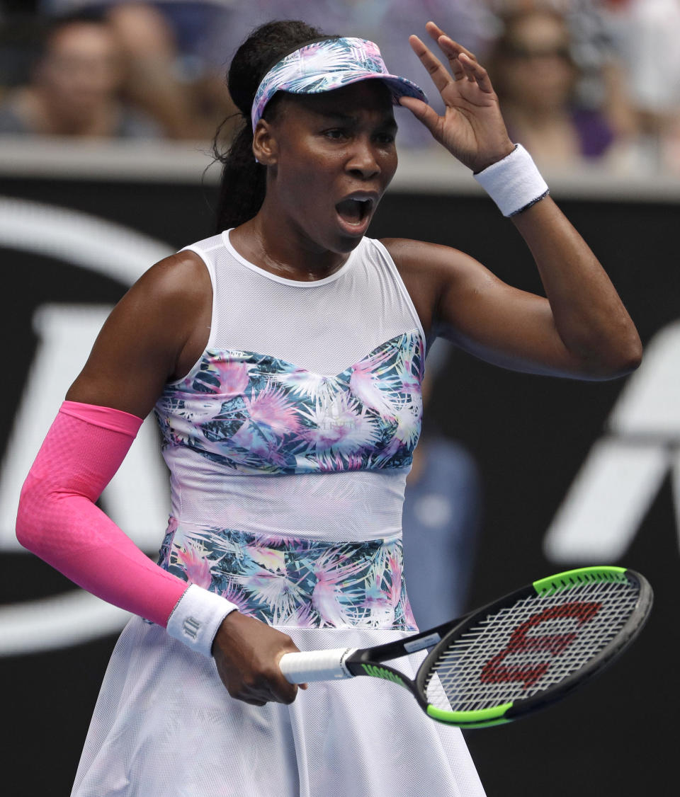 United States' Venus Williams reacts during her first round match against Romania's Mihaela Buzarnescu at the Australian Open tennis championships in Melbourne, Australia, Tuesday, Jan. 15, 2019. (AP Photo/Mark Schiefelbein)