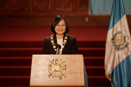 Taiwan's President Tsai Ing-wen attends a joint news conference with her Guatemalan counterpart Jimmy Morales (not pictured) at the Presidential Palace in Guatemala City, Guatemala January 11, 2017. REUTERS/Luis Echeverria