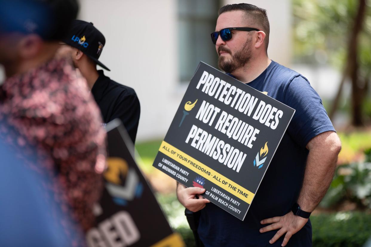 A few more than 50 people attended a rally organized by Rep. Anthony Sabatini and Gun Owners of America in support of making Florida a constitutional carry state at the Florida Capitol Monday, August 23, 2021. The Louisiana Legislature is considering a bill that would allow people to carry concealed guns without a permit or training.