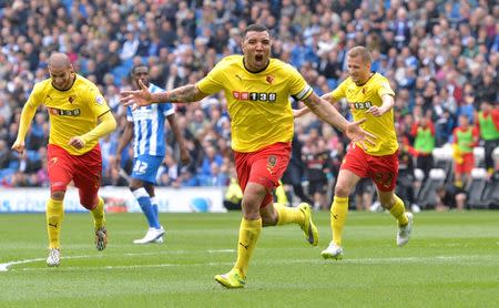 Football - Brighton & Hove Albion v Watford - Sky Bet Football League Championship - The American Express Community Stadium - 25/4/15 Watford's Troy Deeney celebrates scoring their first goal Mandatory Credit: Action Images / Adam Holt Livepic EDITORIAL USE ONLY.