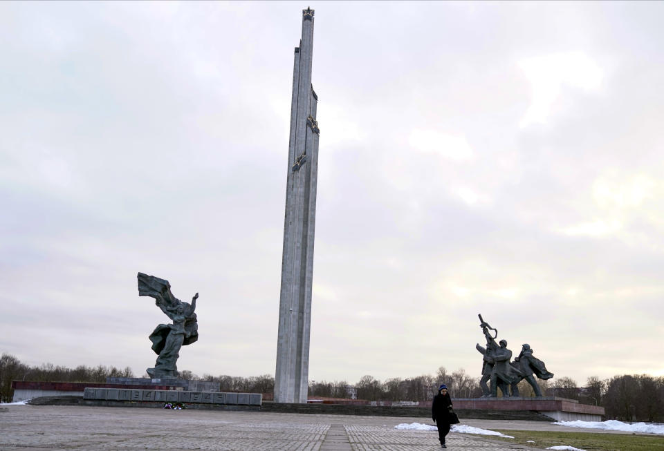 FILE - The Monument to the Liberators of Soviet Latvia and Riga from the German Fascist Invaders stands, in Riga, Latvia, Feb. 23, 2022. A Soviet-era monument, commemorating the Red Army’s victory over Nazi Germany, that stands like a high-rise in a park in the Latvian capital of Riga will be torn down on Tuesday, Aug. 23, 2022, authorities said. (AP Photo/Roman Koksarov, File)