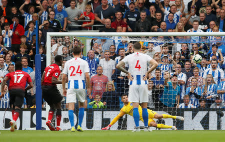 Soccer Football - Premier League - Brighton & Hove Albion v Manchester United - The American Express Community Stadium, Brighton, Britain - August 19, 2018 Manchester United's Paul Pogba scores their second goal from the penalty spot REUTERS/David Klein