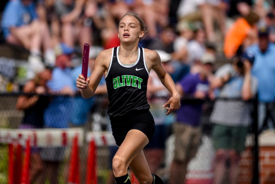 Olivet's Emily Peters competes in the 4x400 meter relay during the Division 3 state track and field finals on Saturday, June 3, 2023, at Kent City High School.