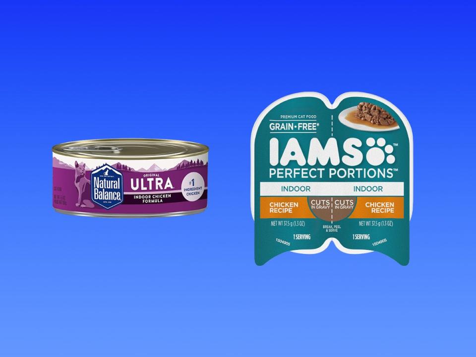 A collage of two different affordable wet pet food products.