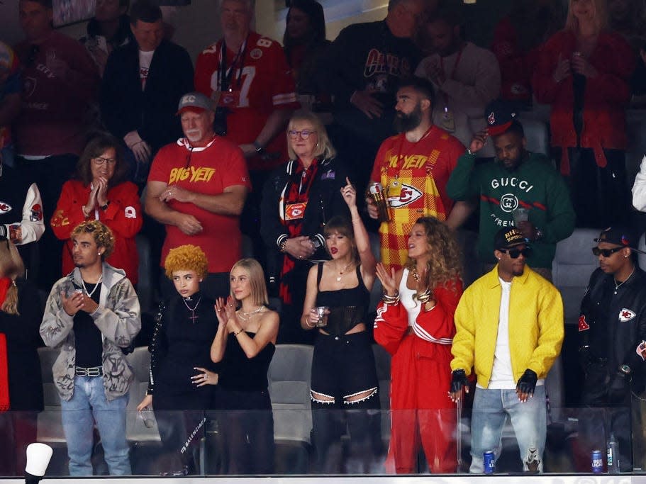 Ed Kelce, Donna Kelce, Jason Kelce, and Taylor Swift watching Travis Kelce play in the 2024 Super Bowl.