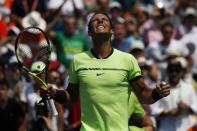 Mar 31, 2017; Miami, FL, USA; Rafael Nadal of Spain celebrates after his match against Fabio Fognini of Italy (not pictured) during a men's singles semi-final in the 2017 Miami Open at Brandon Park Tennis Center. Nadal won 6-1, 7-5. Geoff Burke-USA TODAY Sports