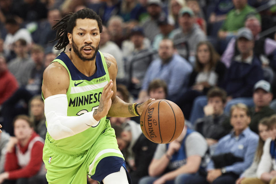 MINNEAPOLIS, MN - MARCH 09: Derrick Rose #25 of the Minnesota Timberwolves drives to the basket against the Washington Wizards during the game on March 9, 2019 at the Target Center in Minneapolis, Minnesota. NOTE TO USER: User expressly acknowledges and agrees that, by downloading and or using this Photograph, user is consenting to the terms and conditions of the Getty Images License Agreement. (Photo by Hannah Foslien/Getty Images)