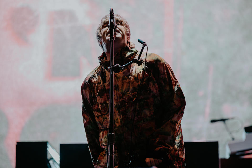 CARDIFF, WALES - SEPTEMBER 15: (EDITORS NOTE: Image has been digitally enhanced.) Image Liam Gallagher performs on stage at Alexandra Head on September 15, 2022 in Cardiff, Wales. (Photo by Mike Lewis Photography/Redferns)