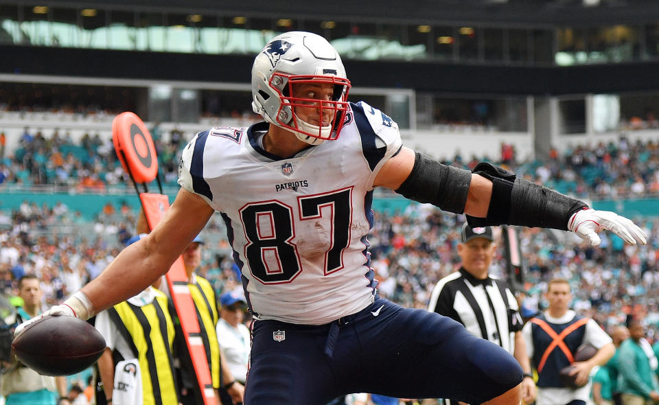 MIAMI, FL - DECEMBER 09:  Rob Gronkowski #87 of the New England Patriots celebrates after scoring a touchdown in the second quarter against the Miami Dolphins at Hard Rock Stadium on December 9, 2018 in Miami, Florida.  (Photo by Mark Brown/Getty Images)