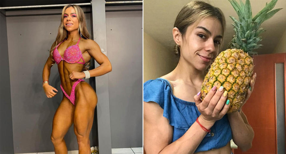 Photos from bodybuilder Odalis Santos Mena showing her before a body building competition and holding a pineapple.