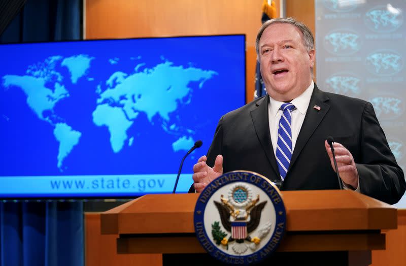 FILE PHOTO: U.S. Secretary of State Pompeo speaks to reporters during briefing at State Department in Washington