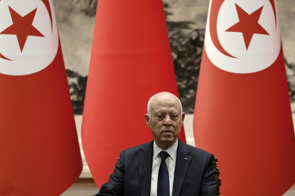 FILE - Tunisian President Kais Saied attends a signing ceremony with Chinese President Xi Jinping at the Great Hall of the People in Beijing, Friday, May 31, 2024. Tunisia presidency says the North African country will hold its next presidential elections on Oct. 6. Its increasingly authoritarian President Kais Saied has yet to announce if he will seek a second term after five tumultuous years of leading Tunisia, once seen as a model of democracy for the Arab world. (Tingshu Wang/Pool Photo via AP, File)