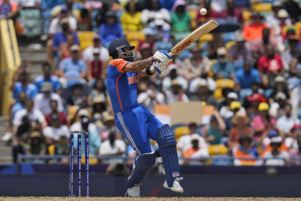 India's Virat Kohli bats during the ICC Men's T20 World Cup final cricket match between India and South Africa at Kensington Oval in Bridgetown, Barbados, Saturday, June 29, 2024. (AP Photo/Ramon Espinosa)