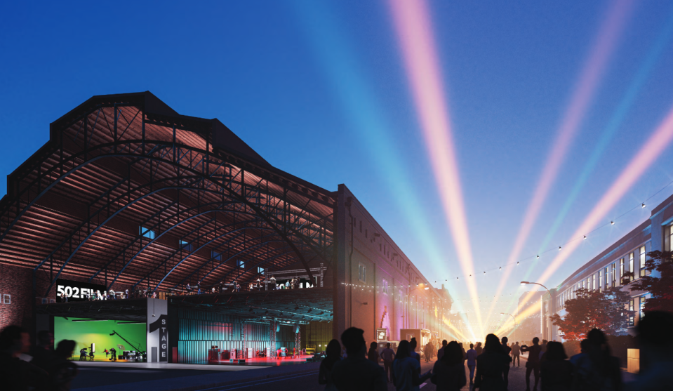 A newly announced plan to redevelop the historic Louisville Gardens venue in downtown Louisville would see the space turned into production studios. This rendering (with a wall removed for illustrative purposes) shows a south-facing view of the 1905 building.